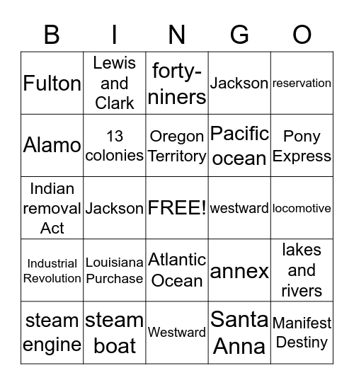 Westward Expansion Bingo Card