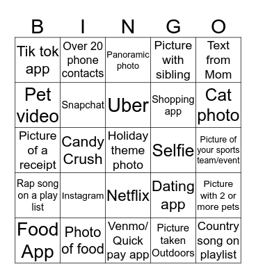 Cell Phone Picture Bingo Card