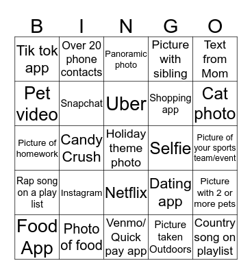 Cell Phone Picture Bingo Card