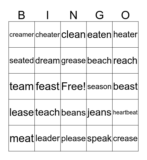 Long E Spelled EA Bingo Card