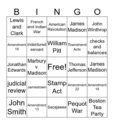 Final 2019 Bingo US History Bingo Card