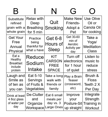 KIT CARSON WELLNESS BINGO 2014 Bingo Card