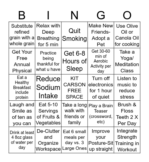 KIT CARSON WELLNESS BINGO 2014 Bingo Card