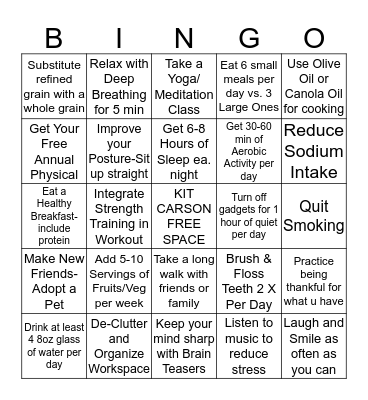 KIT CARSON WELLNESS BINGO 2014 Bingo Card