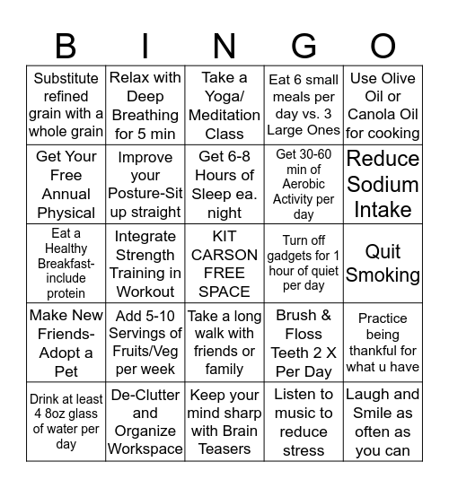 KIT CARSON WELLNESS BINGO 2014 Bingo Card