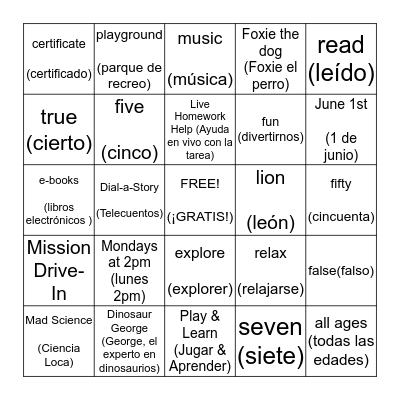 Summer Fun at the Library (Diversión de verano en la Biblioteca) Bingo Card