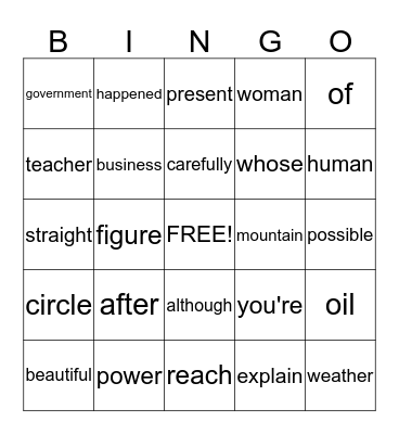 5th Grade Words Bingo Card