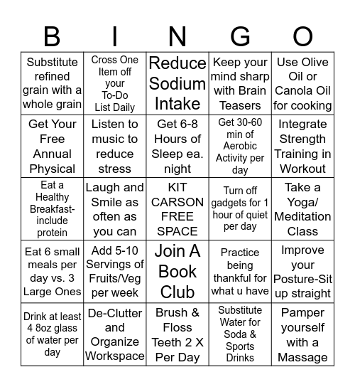 KIT CARSON WELLNESS BINGO 2014 Bingo Card