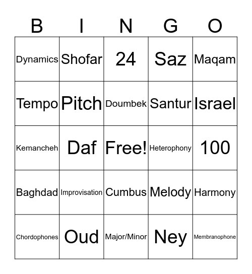 Middle Eastern Music Bingo Card