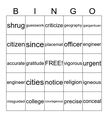 Hard and Soft C and G Bingo Card