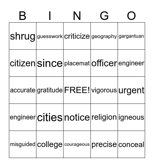 Hard and Soft C and G Bingo Card