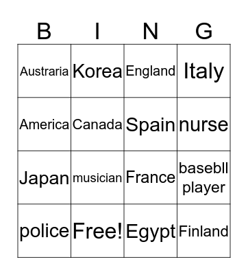 Countries and Jobs Bingo Card