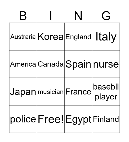 Countries and Jobs Bingo Card
