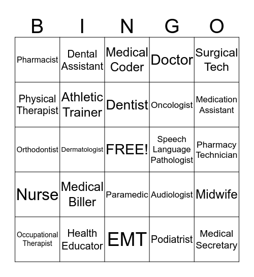 Health Careers Bingo Card