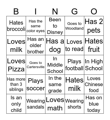 Getting to know you Bingo Card