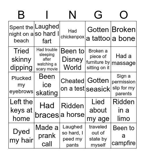 Never Have I Ever... Bingo Card