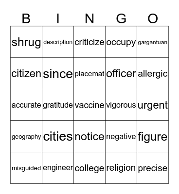 Hard and Soft C and G Bingo Card