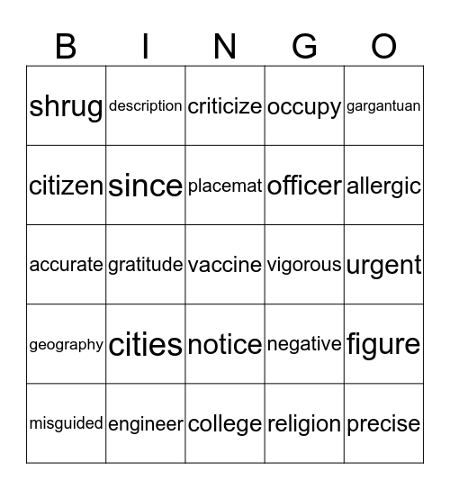 Hard and Soft C and G Bingo Card