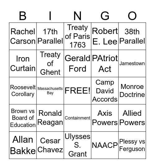 EOCT Review Bingo Card