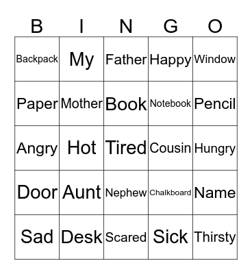 Vocabulary Bingo Card