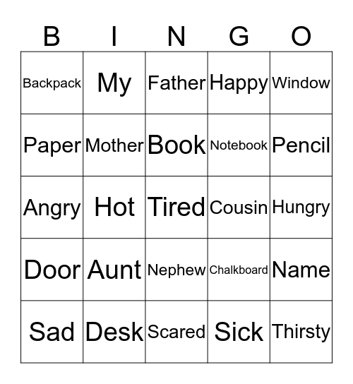 Vocabulary Bingo Card