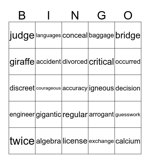 Hard and Soft C and G Bingo Card