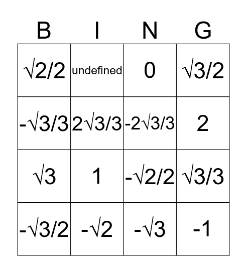 Tringo Bingo Card