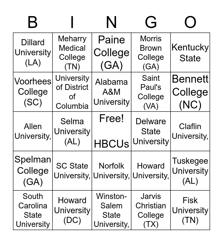 HBCU Bingo Card