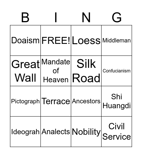 China Bingo Card