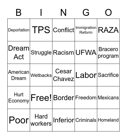 Immigration Bingo Card