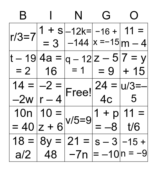 Solving Equation Bingo  Bingo Card