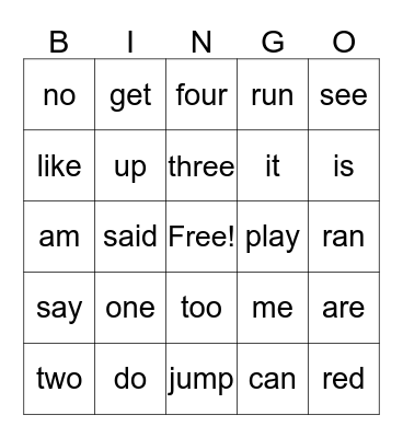 K-106 Sight Word Bingo Card
