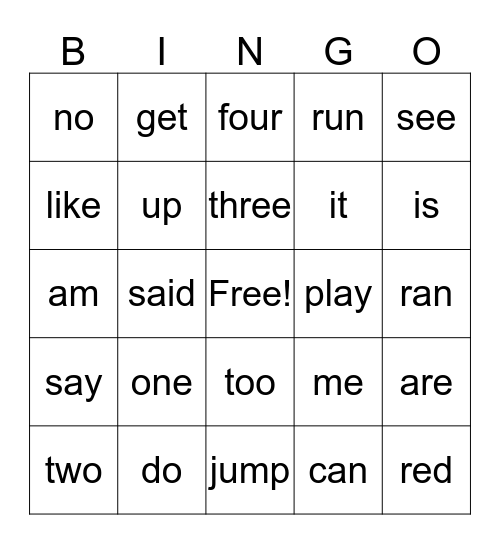K-106 Sight Word Bingo Card