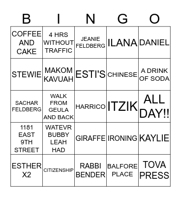 BABBY NANCI'S CHANUKAH BINGO Card