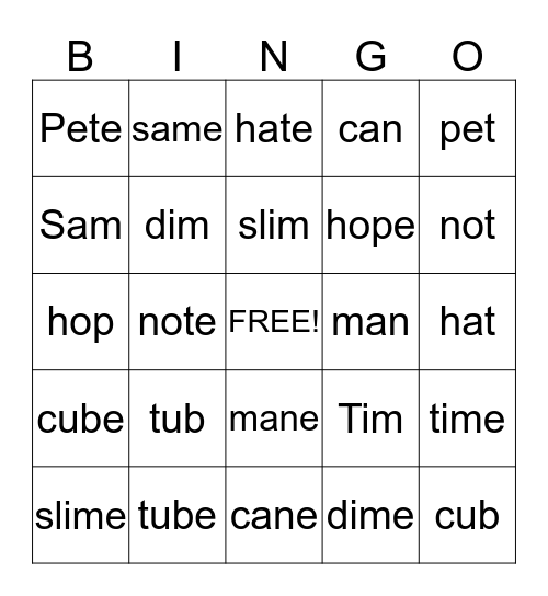 Magic 'e' Words Bingo Card