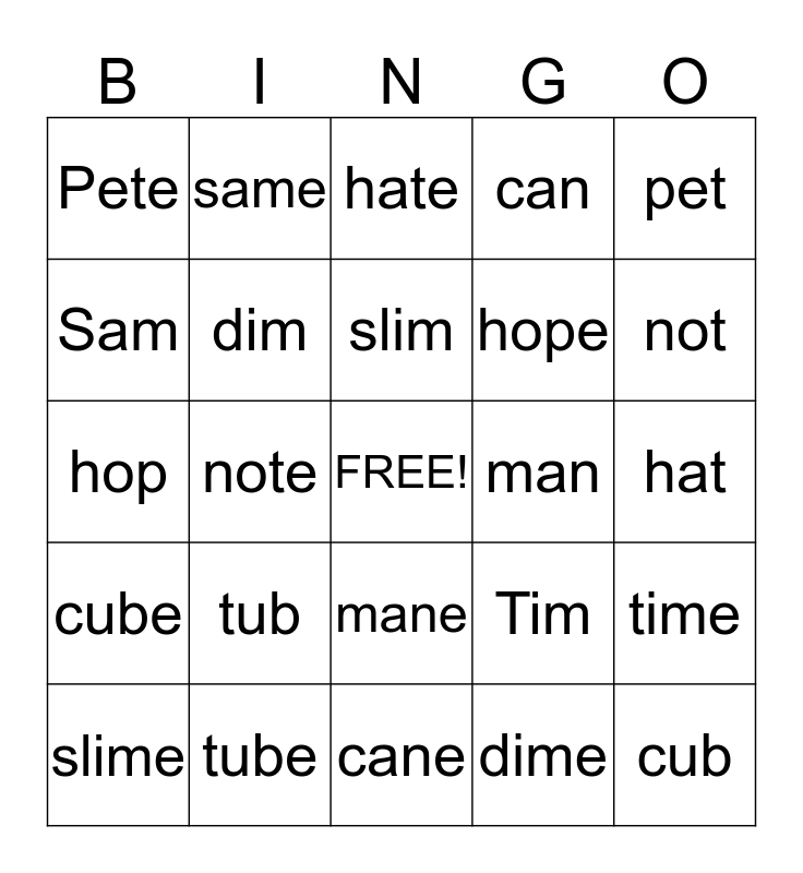 Magic e Words Bingo Card