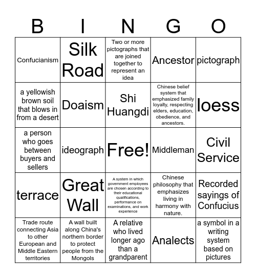 Ancient China vocab Bingo Card