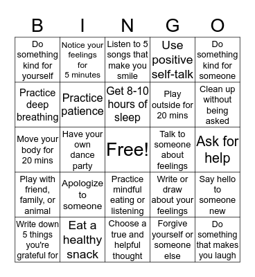 Mental Health Bingo Card