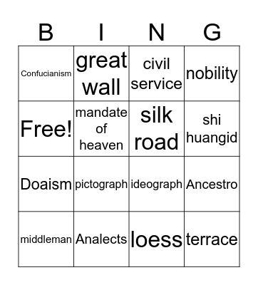 china Bingo Card