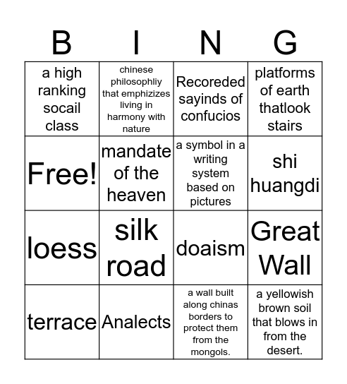 China Bing Bingo Card