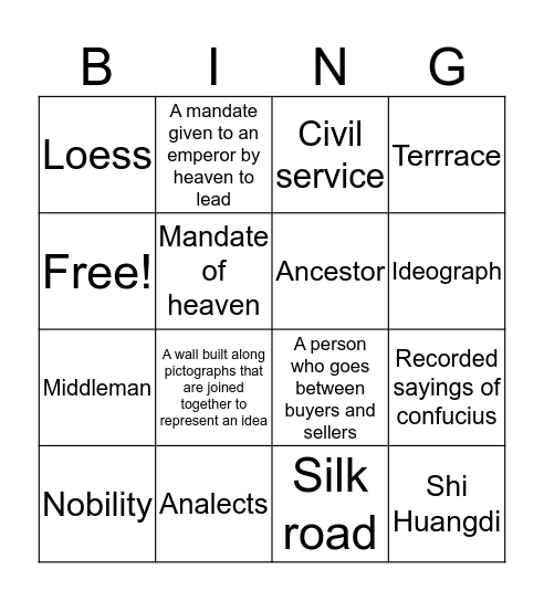 Ancient China  Bingo Card