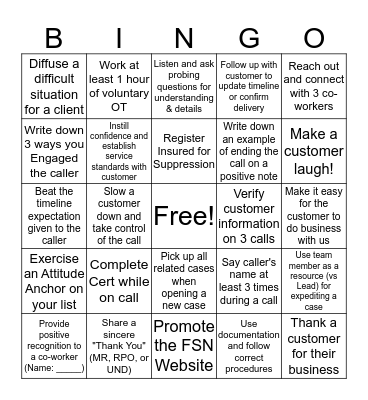 Customer Service BINGO Card