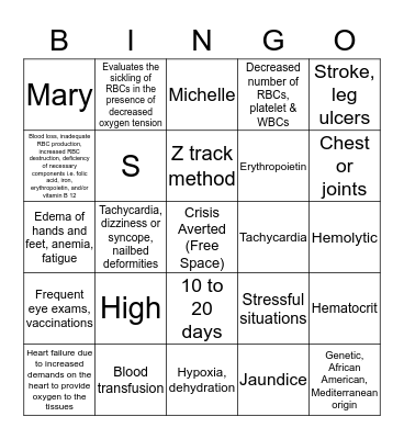 Sickle Cell Bingo Card