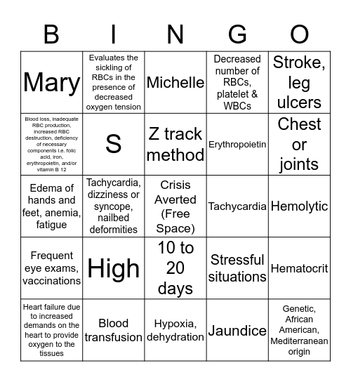 Sickle Cell Bingo Card