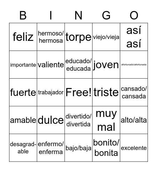 Spanish Adjectives Bingo Card