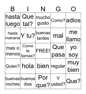 Spanish Vocabulary Bingo Card