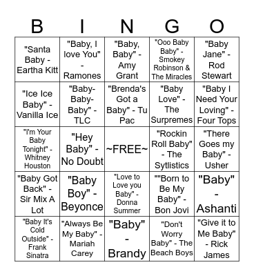 Gender Reveal Musical Bingo Card