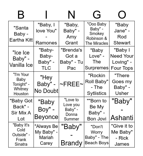 Gender Reveal Musical Bingo Card