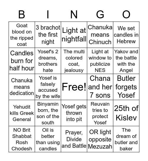 Chanuka and Parsha Bingo Card
