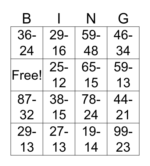 Two Digit Subtraction Bingo Card